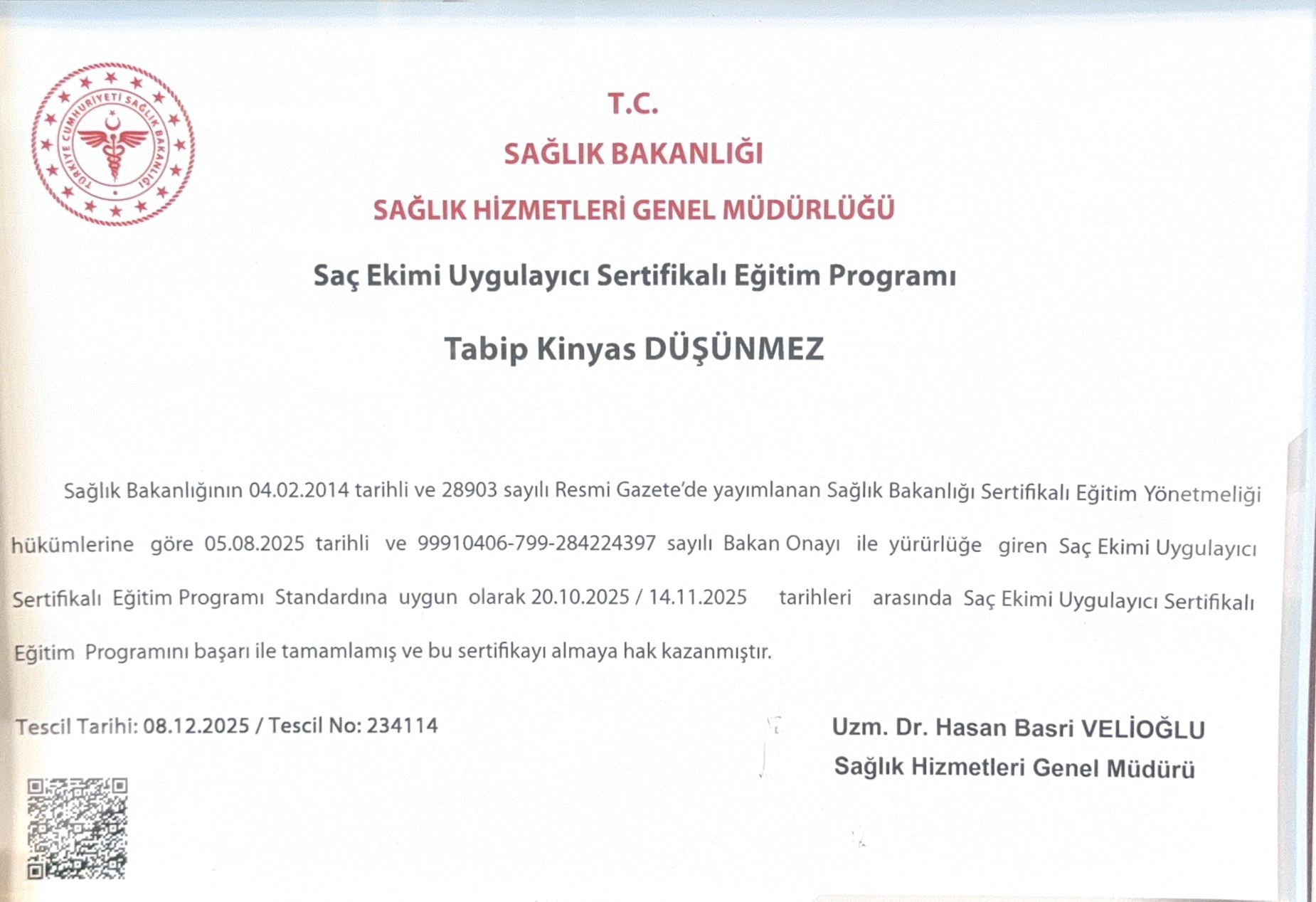 Saç Ekimi Sertifikası