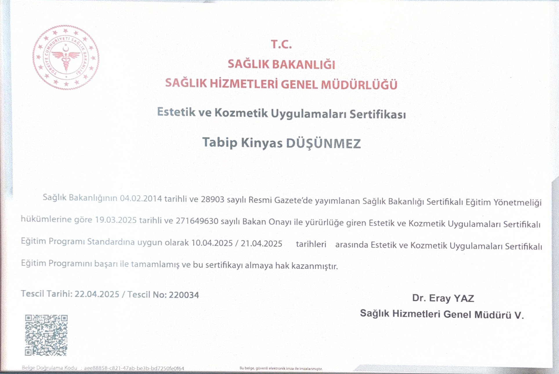 Estetik ve Kozmetik Sertifikası